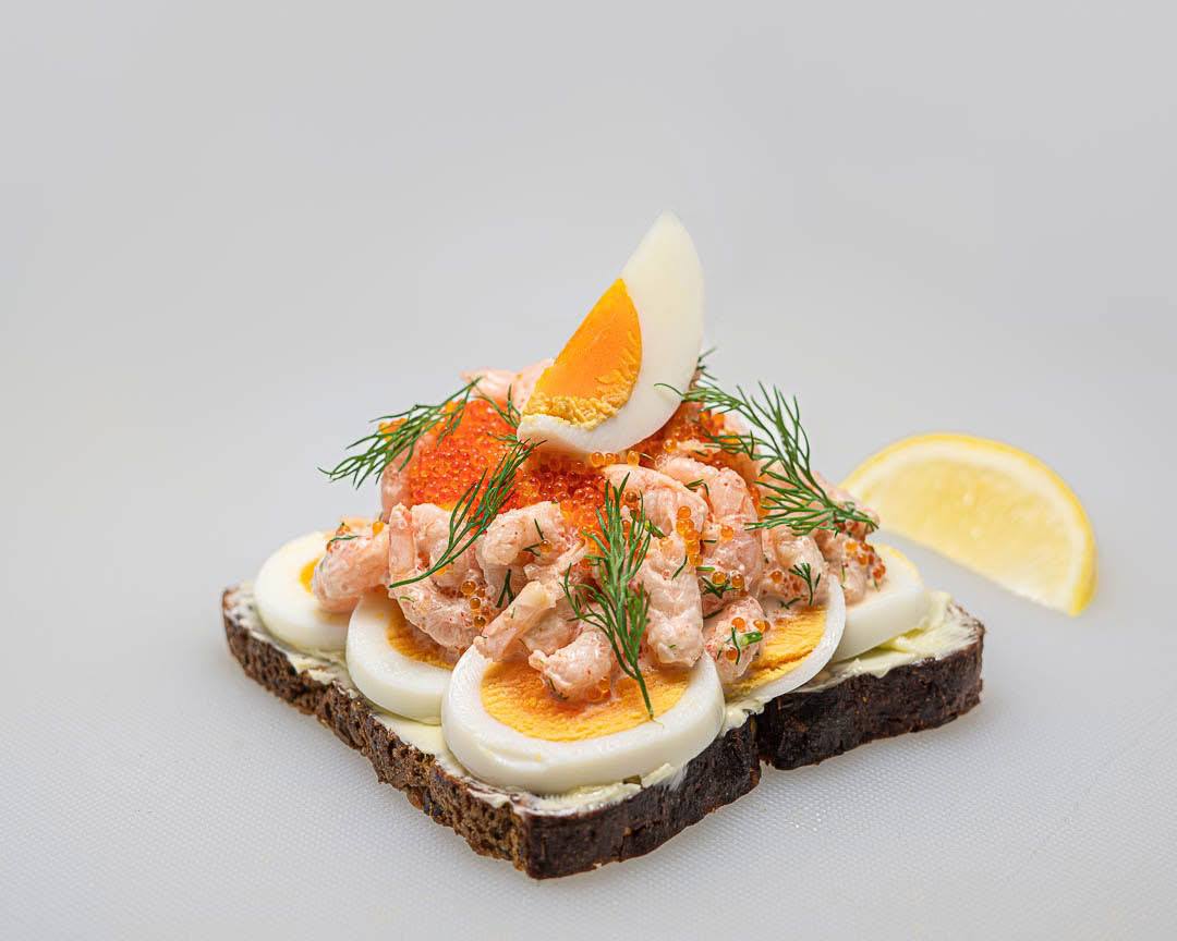 Open-faced shrimp and egg sandwich
